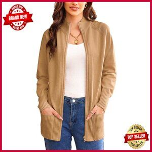 Long Sleeve Zip Up Knit Cardigan with Pockets Stand Collar Chic Fall Sweater